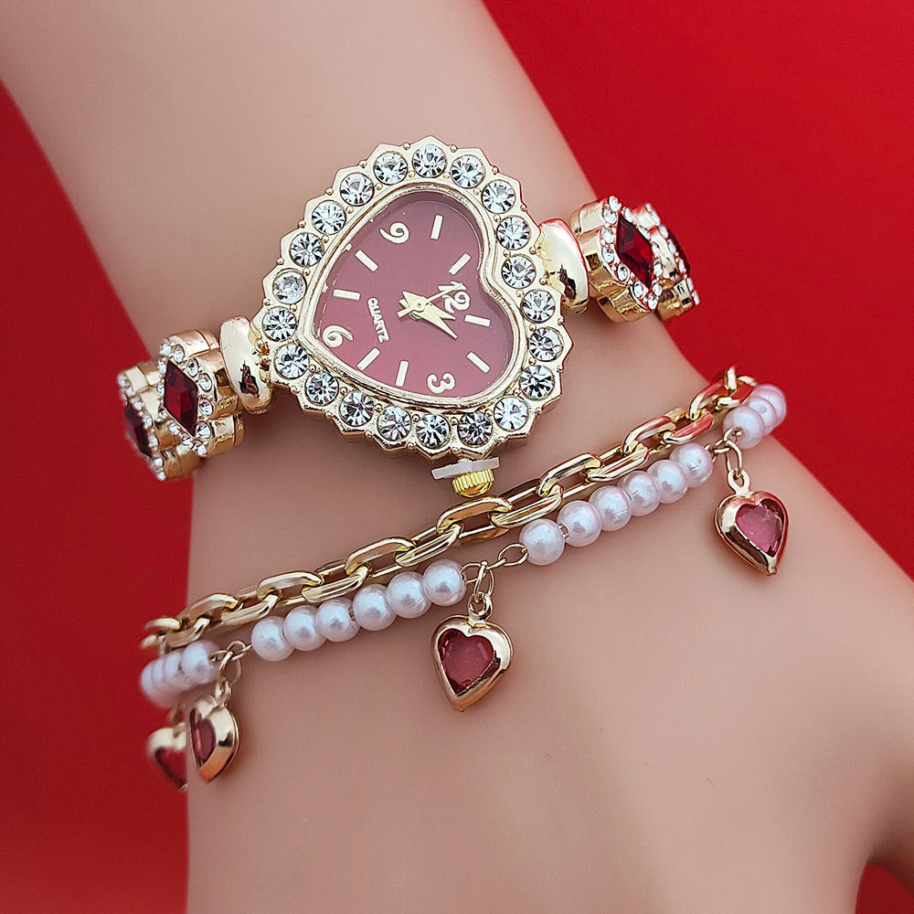 Fashion Love Heart Bracelet Watch Set – Diamond Quartz Jewelry Set for Women