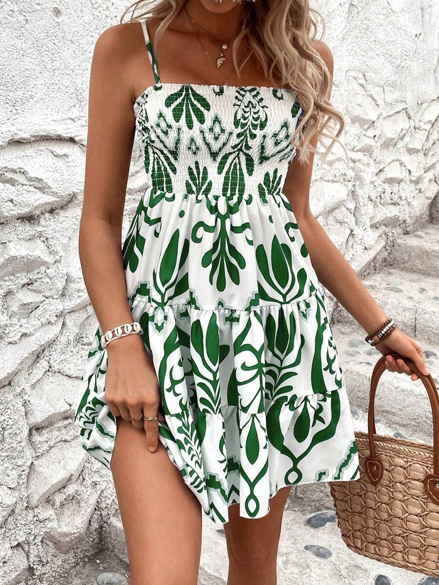 Women's Plant Print Gathered Cami Dress  Casual Summer Outfit