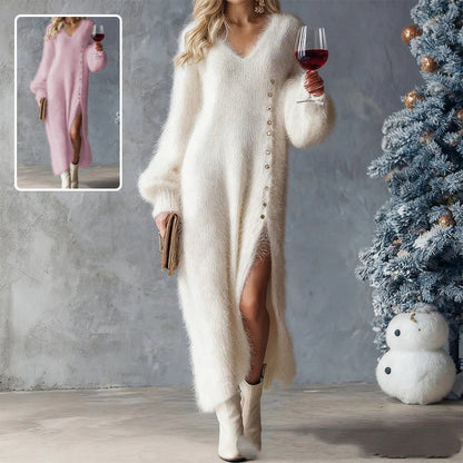 Women’s V-Neck Knit Maxi Dress with Buttons