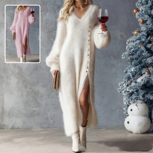 Women’s V-Neck Knit Maxi Dress with Buttons