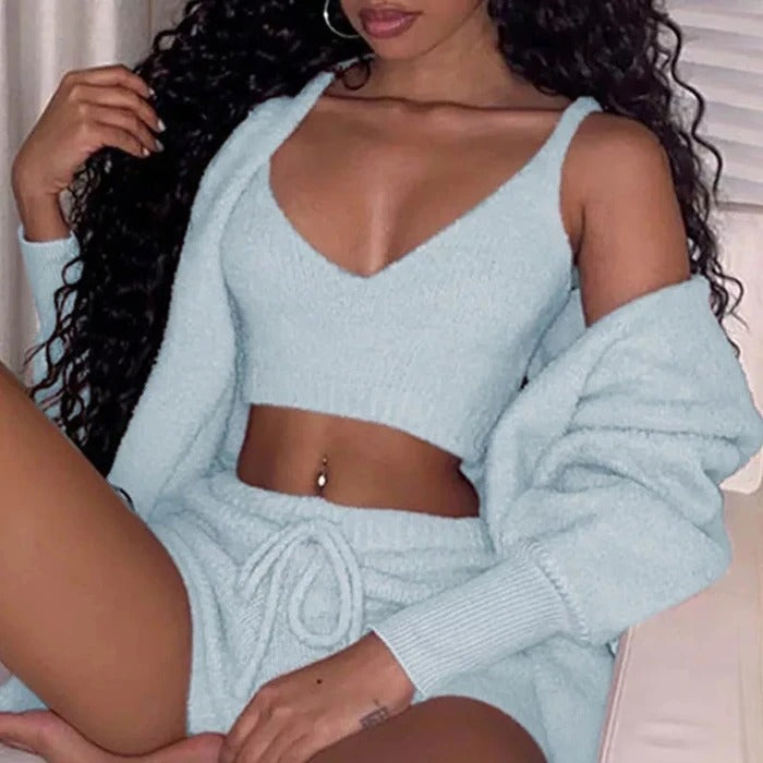 Women’s 3 Piece Pajama Set – Long Sleeve Crop Top & Shorts Lounge Set