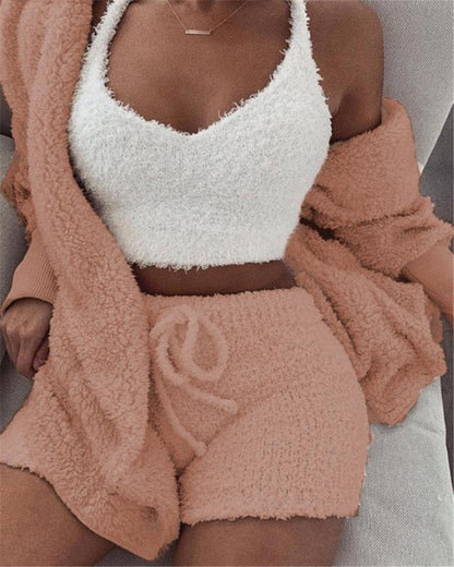 Women’s 3 Piece Pajama Set – Long Sleeve Crop Top & Shorts Lounge Set