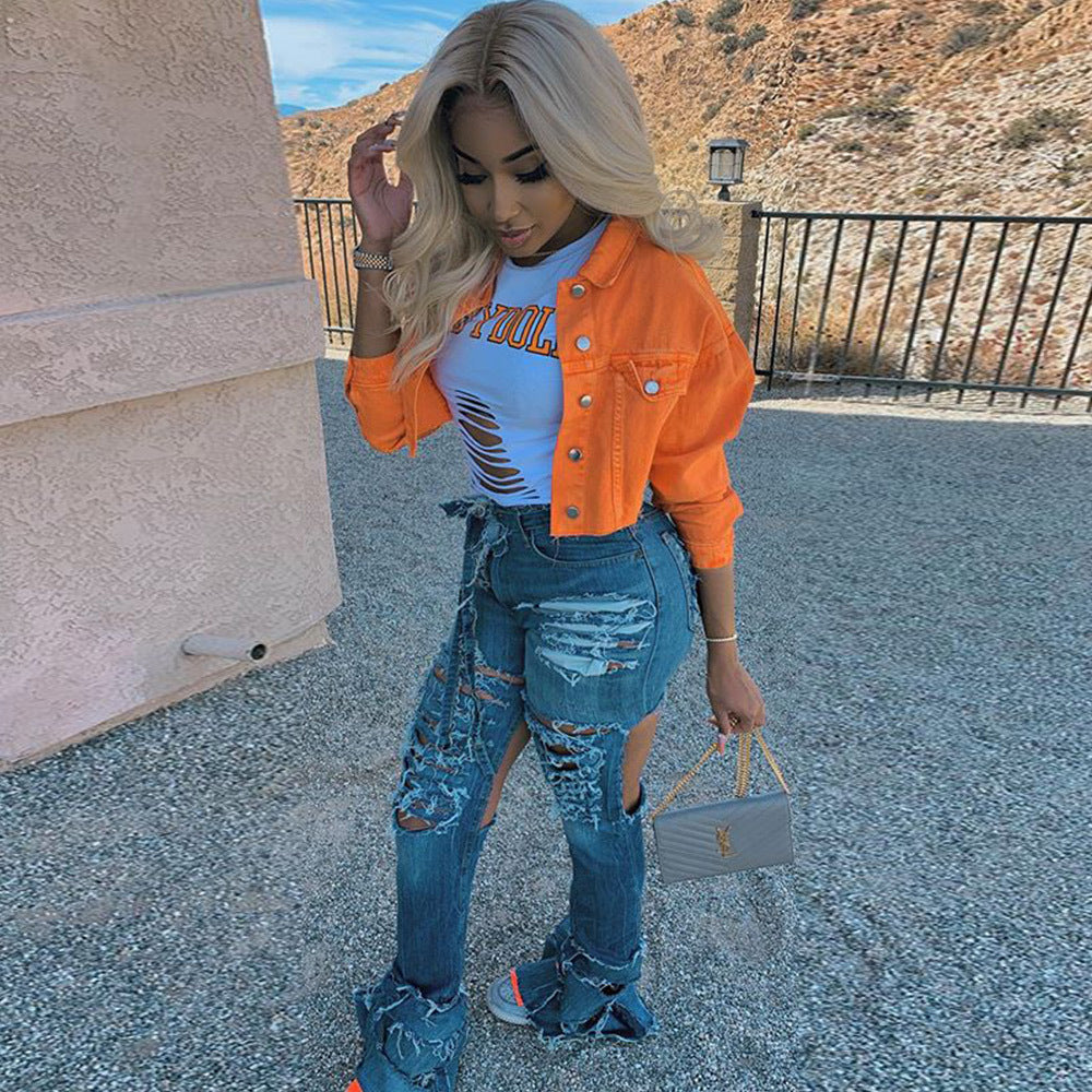 Women Cropped Denim Jacket – Streetwear Casual Short Jean Jacket