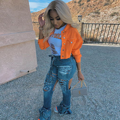 Women Cropped Denim Jacket – Streetwear Casual Short Jean Jacket
