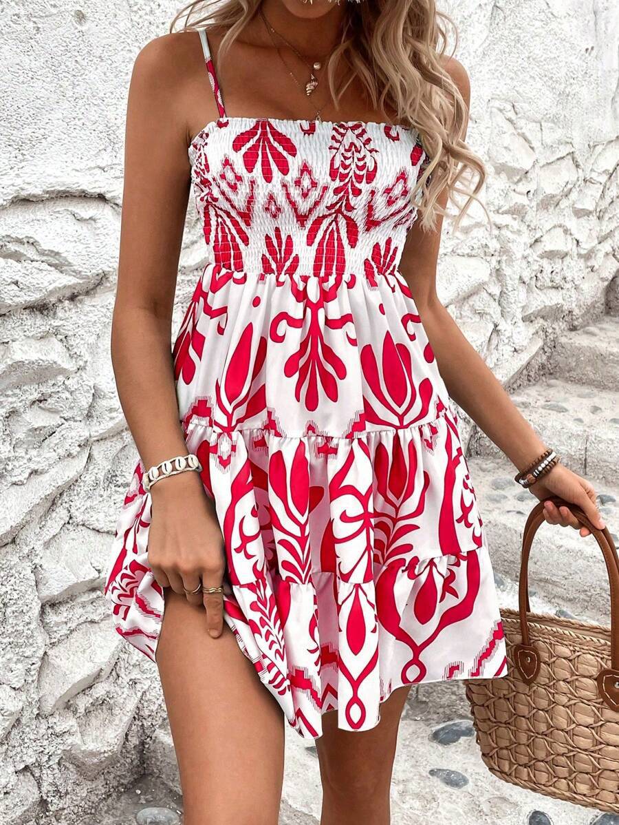 Women's Plant Print Gathered Cami Dress  Casual Summer Outfit