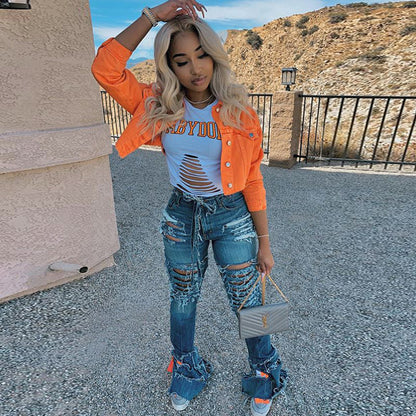 Women Cropped Denim Jacket – Streetwear Casual Short Jean Jacket