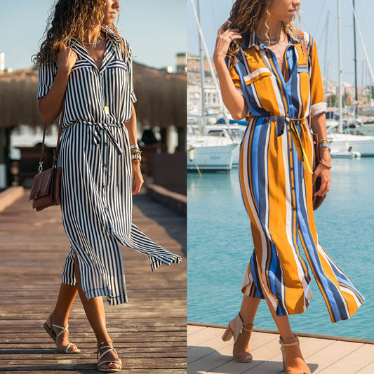 Women’s Stripe Chiffon Maxi Dress – Elegant Summer Long Dress