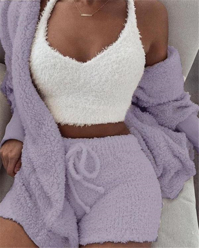 Women’s 3 Piece Pajama Set – Long Sleeve Crop Top & Shorts Lounge Set