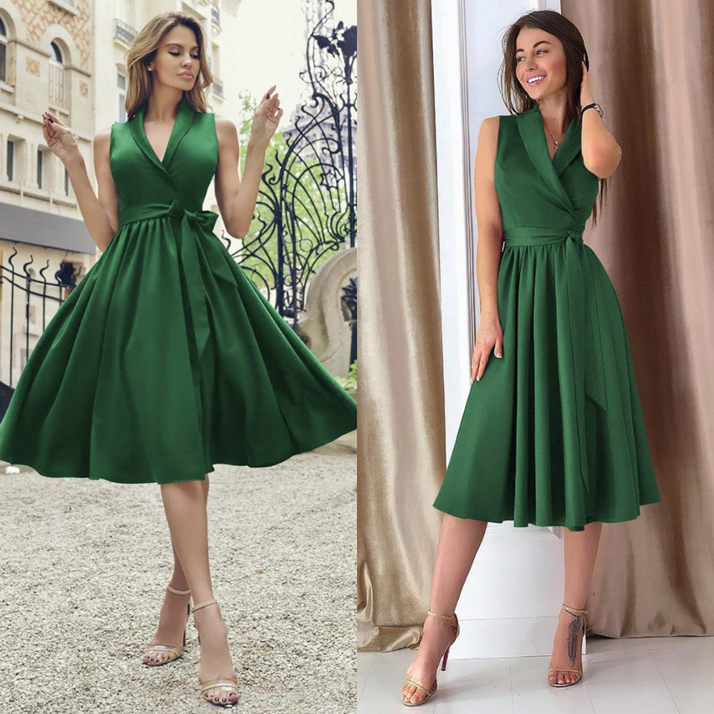 Sleeveless Belted Midi Dress – Women’s Summer Waist Tie Dress