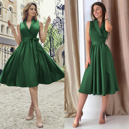 Sleeveless Belted Midi Dress – Women’s Summer Waist Tie Dress