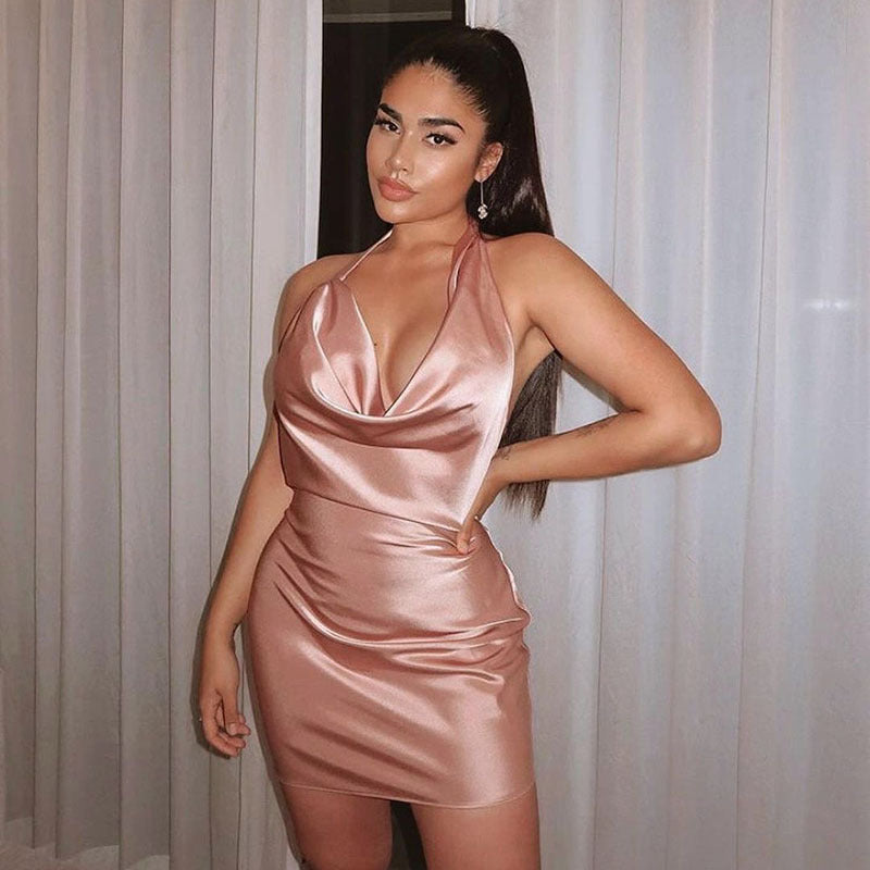 Women’s Satin V-Neck Mini Dress | Backless Sleeveless Summer Party Dress