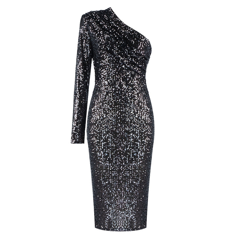 Women’s One-Shoulder Sequin Evening Dress – Oblique Collar Party Dress