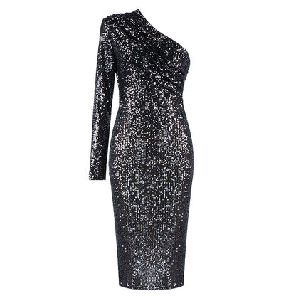 Women’s One-Shoulder Sequin Evening Dress – Oblique Collar Party Dress