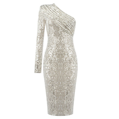 Women’s One-Shoulder Sequin Evening Dress – Oblique Collar Party Dress