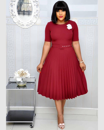 Plus Size Women’s Pleated Dress – Round Neck Elegant Mother’s Dress