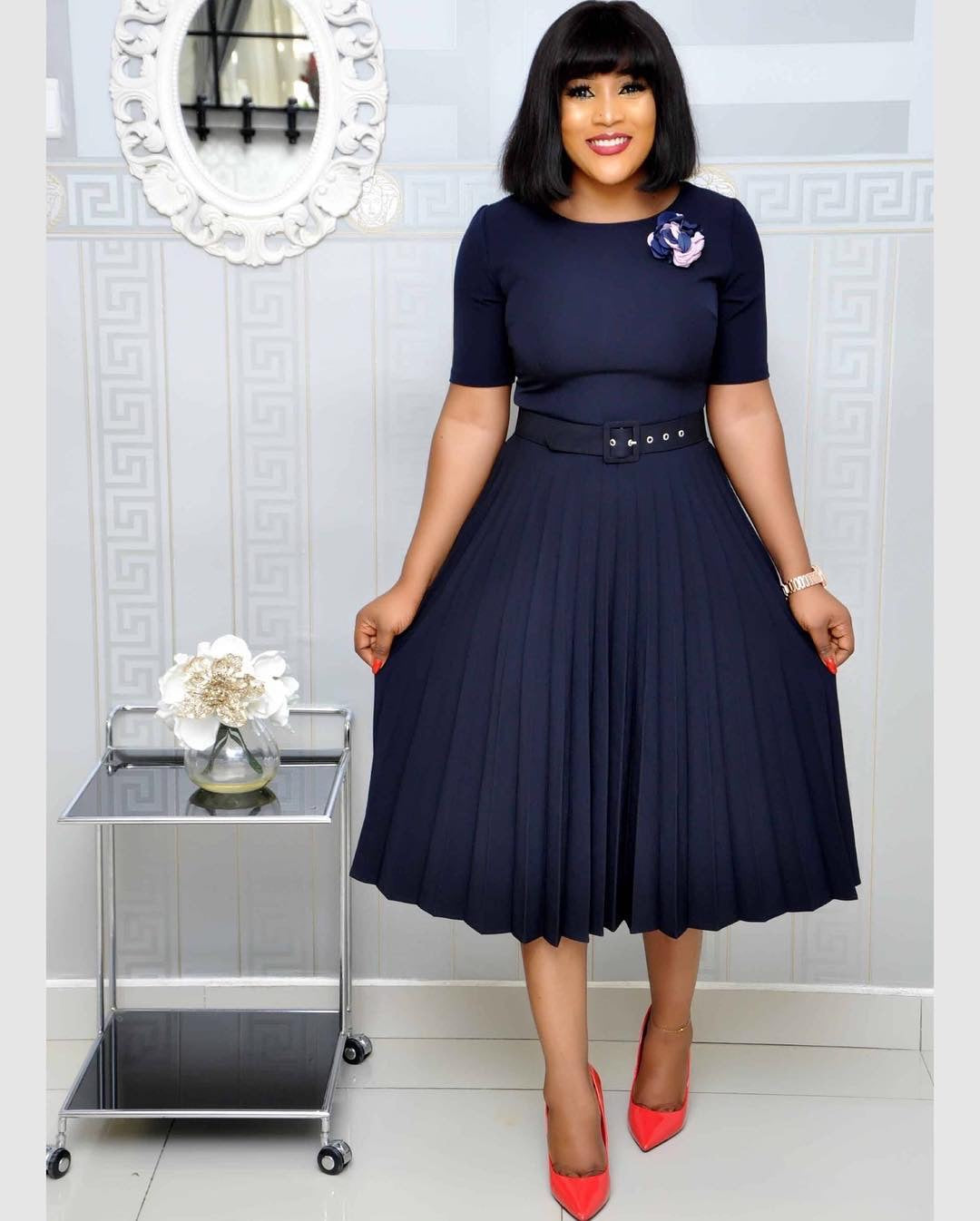 Plus Size Women’s Pleated Dress – Round Neck Elegant Mother’s Dress