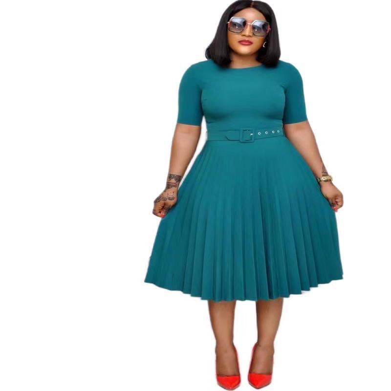 Plus Size Women’s Pleated Dress – Round Neck Elegant Mother’s Dress