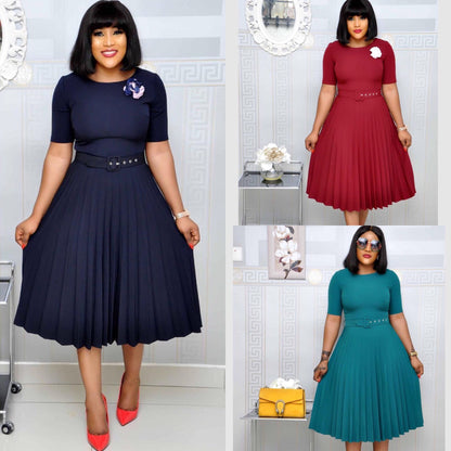 Plus Size Women’s Pleated Dress – Round Neck Elegant Mother’s Dress