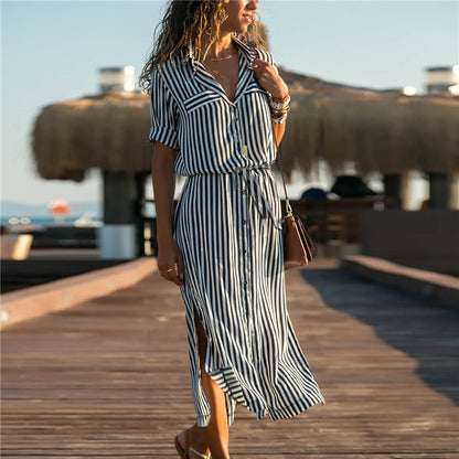 Women’s Stripe Chiffon Maxi Dress – Elegant Summer Long Dress