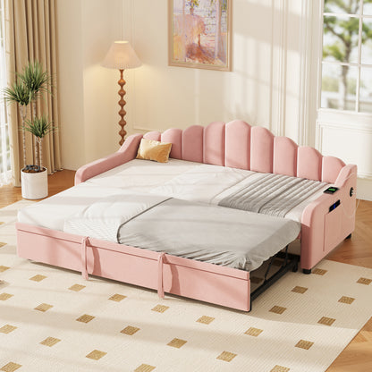 3ft Single Velvet Daybed with Pull-Out Trundle & Charging Station – Chic Fluted Backrest Sofa Bed
