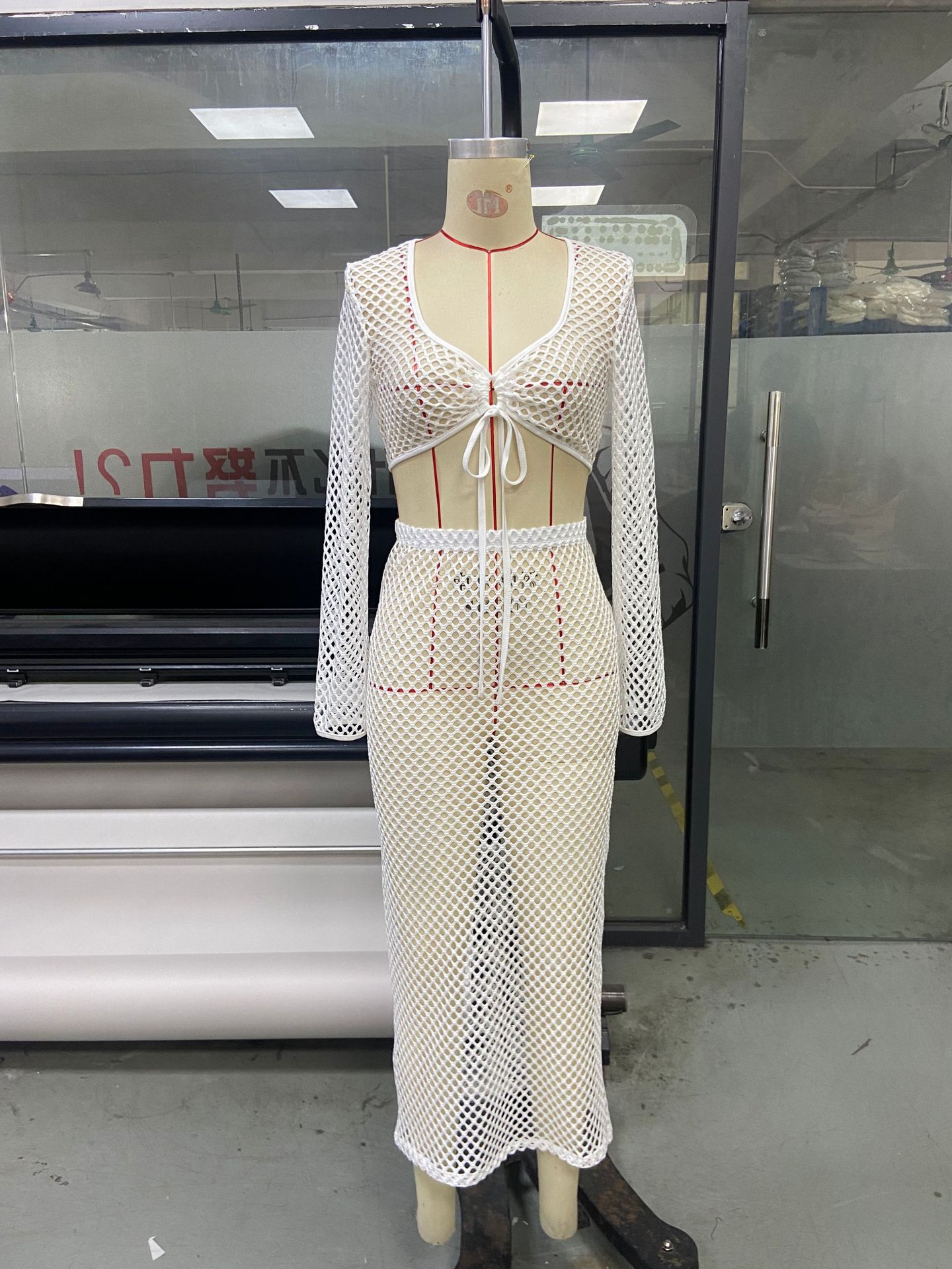 Lace Mesh Long Sleeve Knitted Maxi Dress