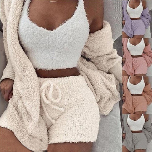 Women’s 3 Piece Pajama Set – Long Sleeve Crop Top & Shorts Lounge Set