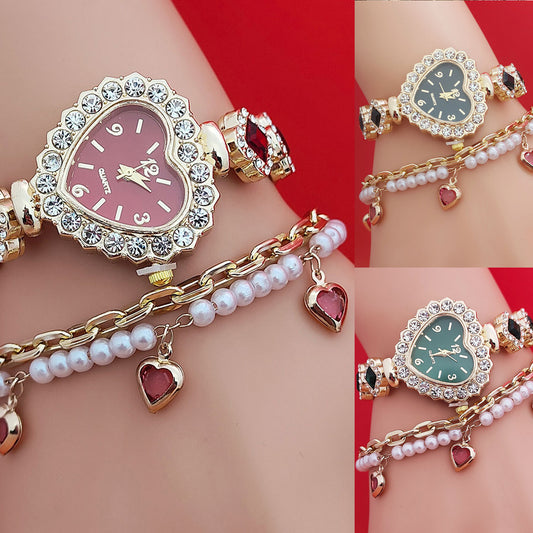 Fashion Love Heart Bracelet Watch Set – Diamond Quartz Jewelry Set for Women