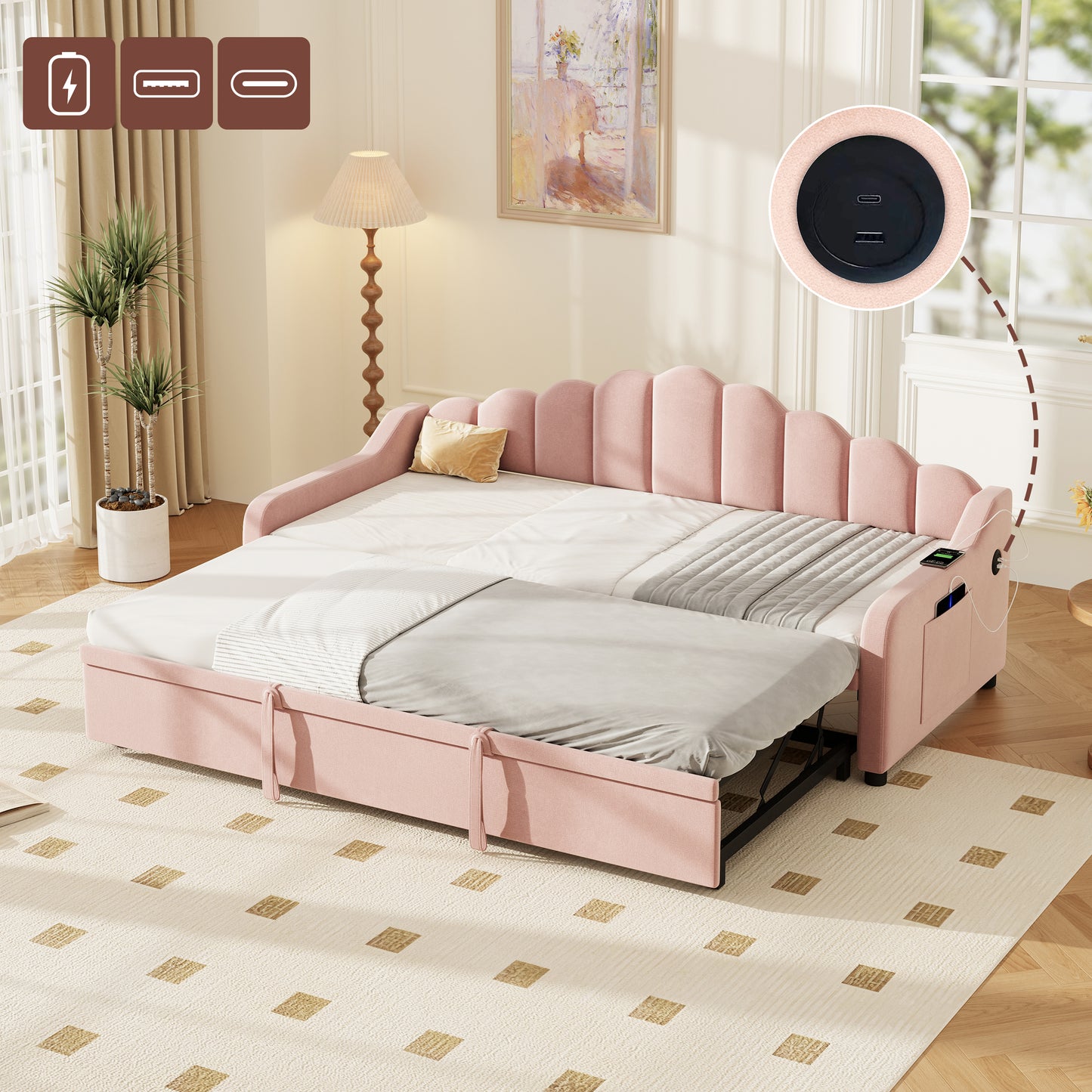 3ft Single Velvet Daybed with Pull-Out Trundle & Charging Station – Chic Fluted Backrest Sofa Bed