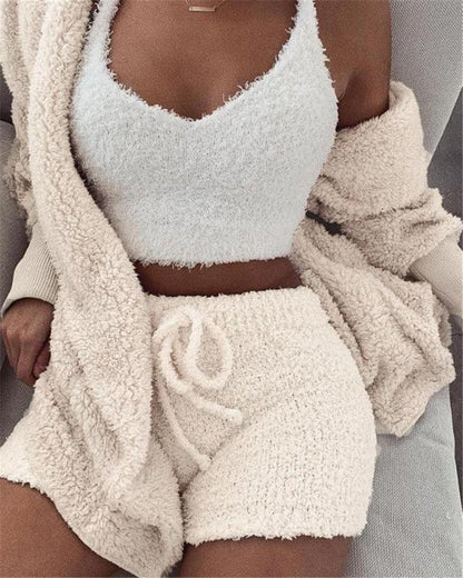 Women’s 3 Piece Pajama Set – Long Sleeve Crop Top & Shorts Lounge Set