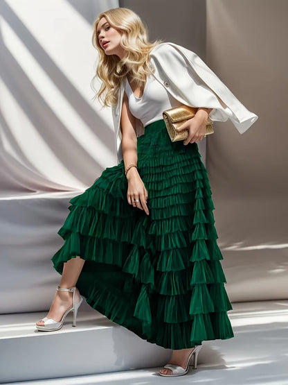 Women’s Layered Ruffle Cake Skirt | A-Line Mesh Party Dress