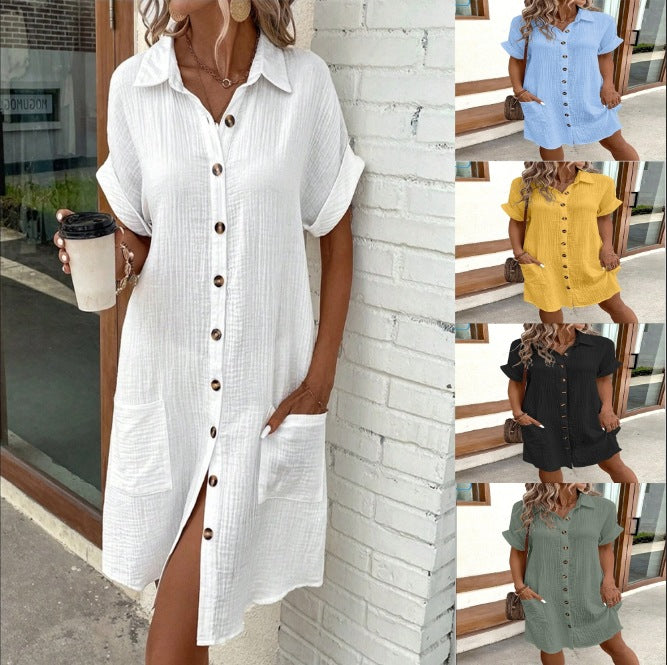 Summer Short Sleeve Shirt Dress – Women’s Loose Mid Length Button Dress