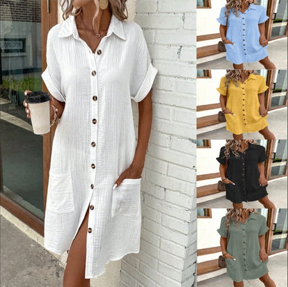 Summer Short Sleeve Shirt Dress – Women’s Loose Mid Length Button Dress