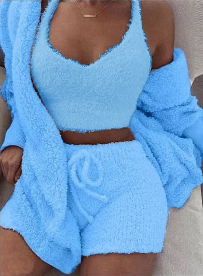 Women’s 3 Piece Pajama Set – Long Sleeve Crop Top & Shorts Lounge Set