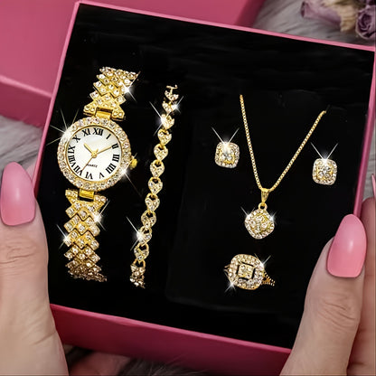 Full Diamond Luxury Bracelet Watch Set – Women’s Quartz Fashion Jewelry