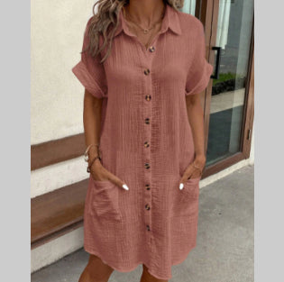 Summer Short Sleeve Shirt Dress – Women’s Loose Mid Length Button Dress