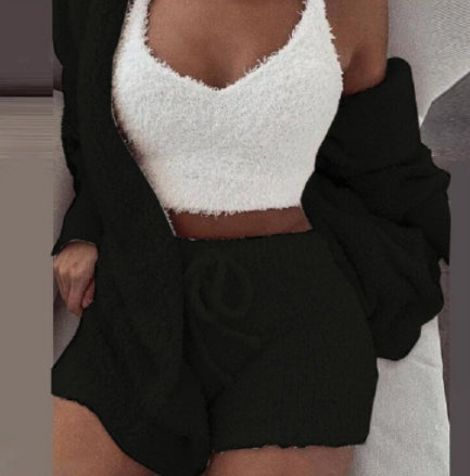 Women’s 3 Piece Pajama Set – Long Sleeve Crop Top & Shorts Lounge Set