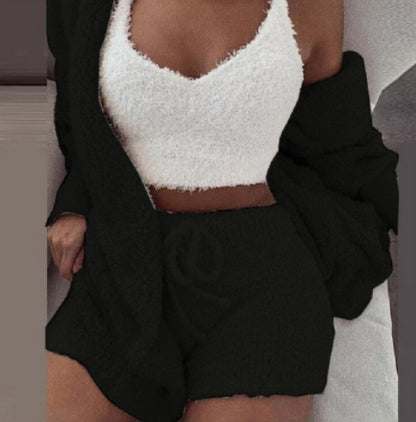 Women’s 3 Piece Pajama Set – Long Sleeve Crop Top & Shorts Lounge Set