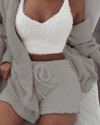 Women’s 3 Piece Pajama Set – Long Sleeve Crop Top & Shorts Lounge Set