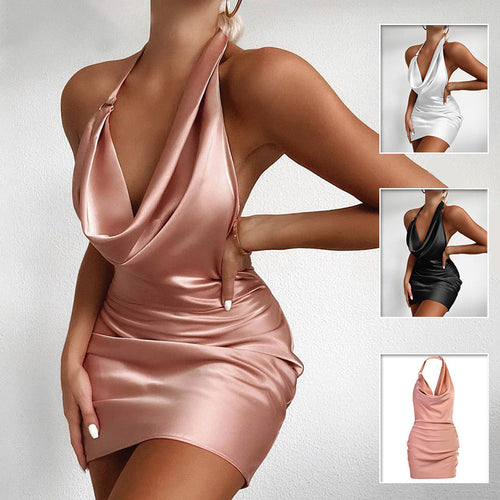 Women’s Satin V-Neck Mini Dress | Backless Sleeveless Summer Party Dress