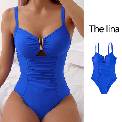 V Neck One Piece Swimsuit – Pleated Tummy Control Swimwear