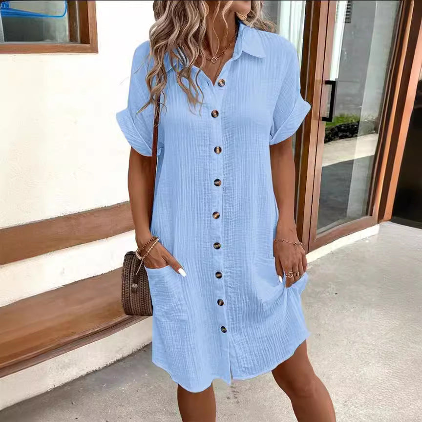 Summer Short Sleeve Shirt Dress – Women’s Loose Mid Length Button Dress