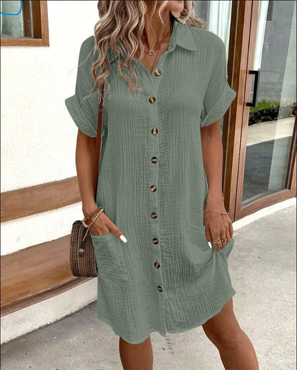 Summer Short Sleeve Shirt Dress – Women’s Loose Mid Length Button Dress