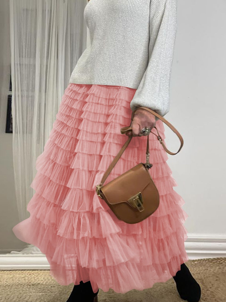 Women’s Layered Ruffle Cake Skirt | A-Line Mesh Party Dress