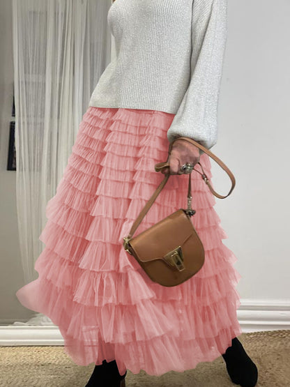 Women’s Layered Ruffle Cake Skirt | A-Line Mesh Party Dress