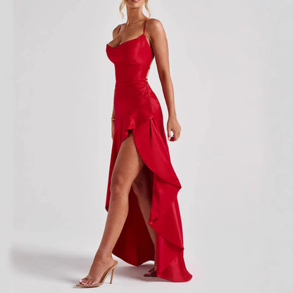 Women’s Backless Ruffle Split Maxi Dress – Elegant Summer Party Dress