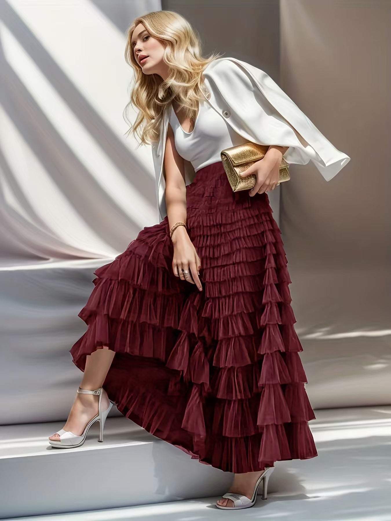 Women’s Layered Ruffle Cake Skirt | A-Line Mesh Party Dress