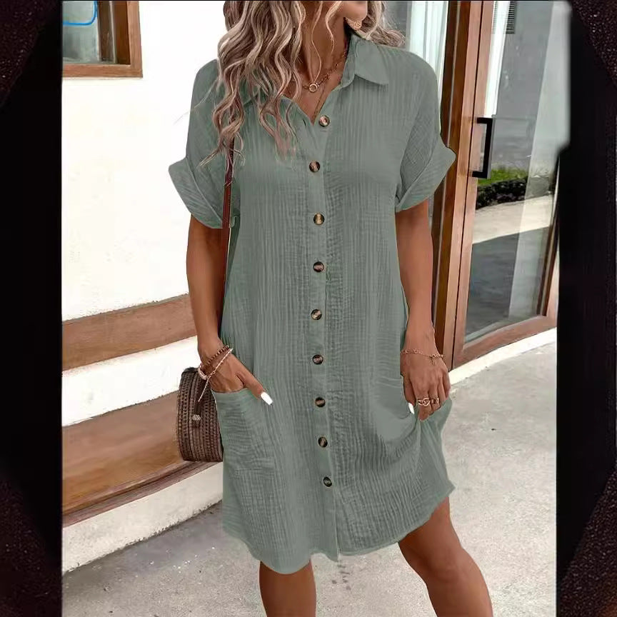 Summer Short Sleeve Shirt Dress – Women’s Loose Mid Length Button Dress