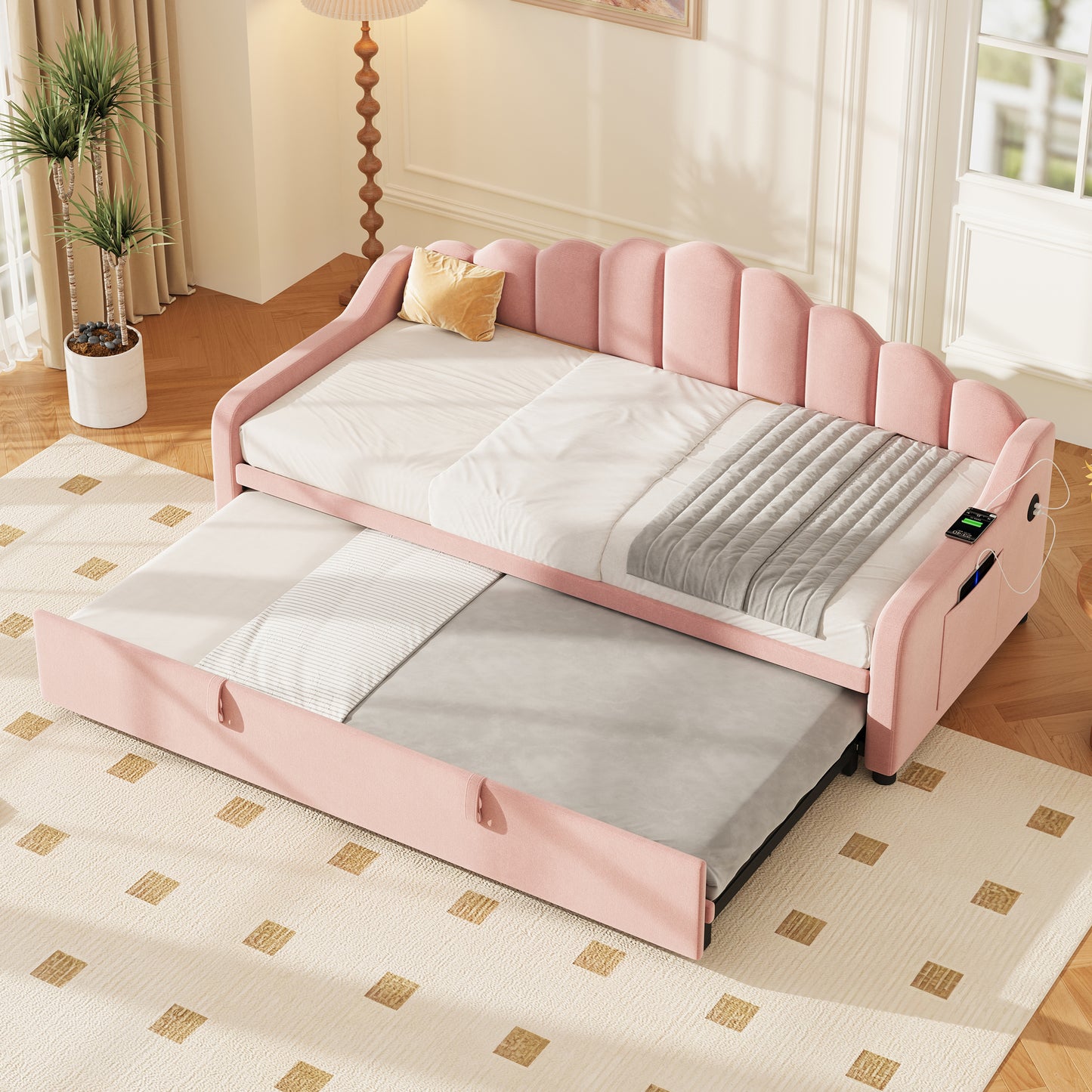 3ft Single Velvet Daybed with Pull-Out Trundle & Charging Station – Chic Fluted Backrest Sofa Bed