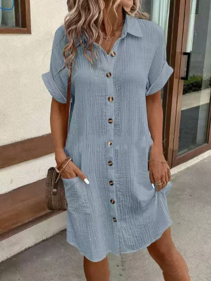 Summer Short Sleeve Shirt Dress – Women’s Loose Mid Length Button Dress