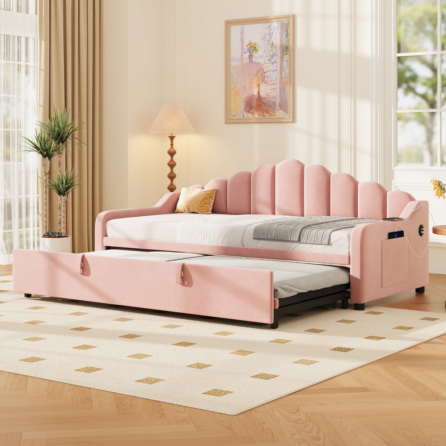 3ft Single Velvet Daybed with Pull-Out Trundle & Charging Station – Chic Fluted Backrest Sofa Bed